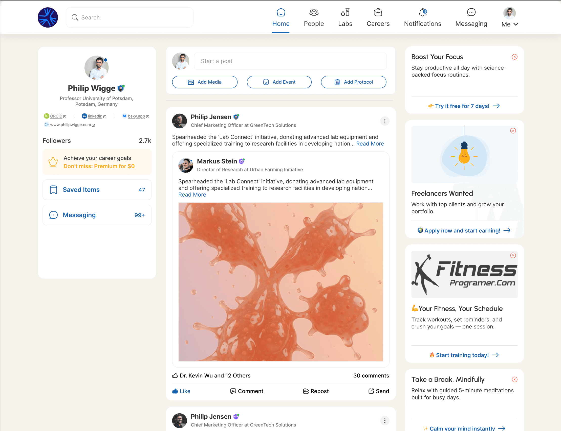 Iris social platform interface showing scientific community interactions