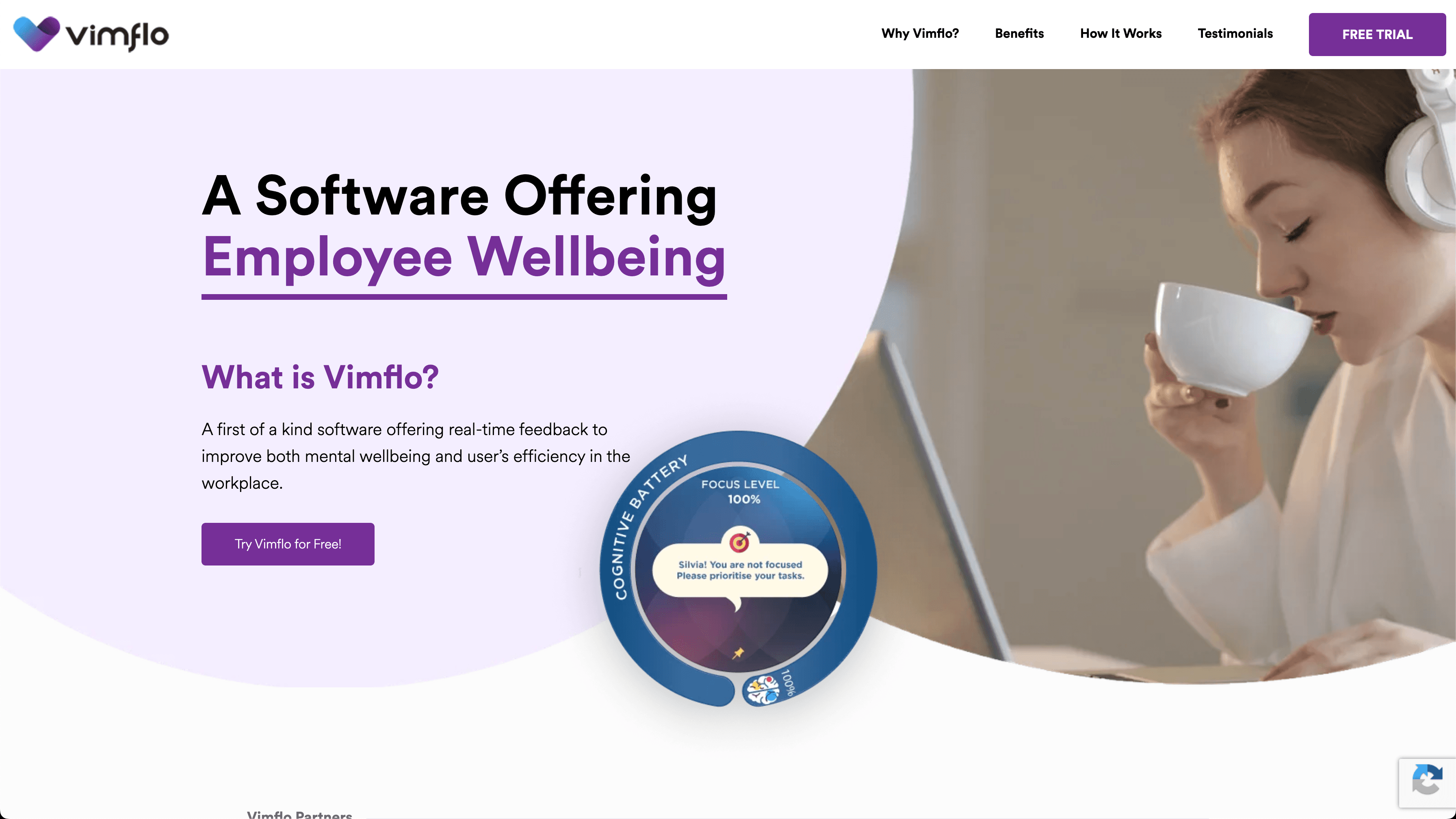 Vimflo workplace productivity dashboard showing real-time feedback and wellbeing insights
